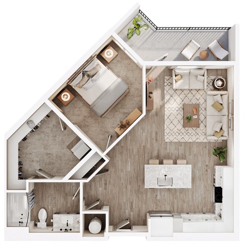 a stylized floor plan of a 1 bedroom apartment